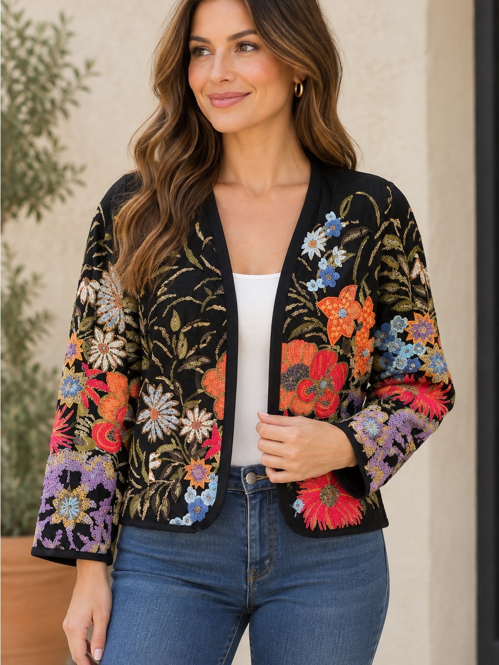 Chico's Black Floral Embroidered Sequin Beaded Jacket Art To Wear Statement